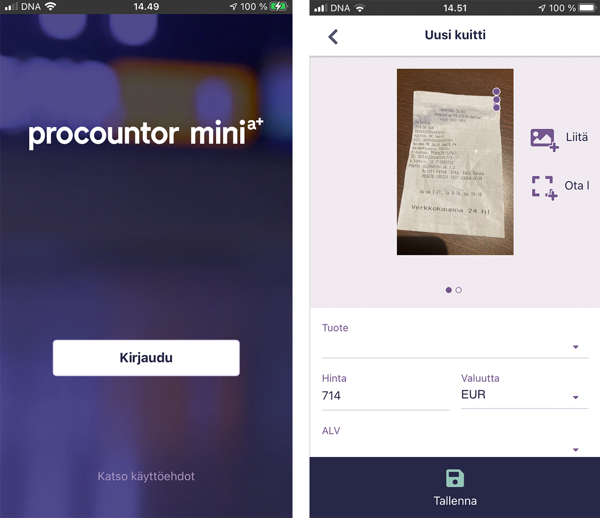 Procountor mini sovellus kuitti kuitit