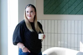 happy lady with coffee